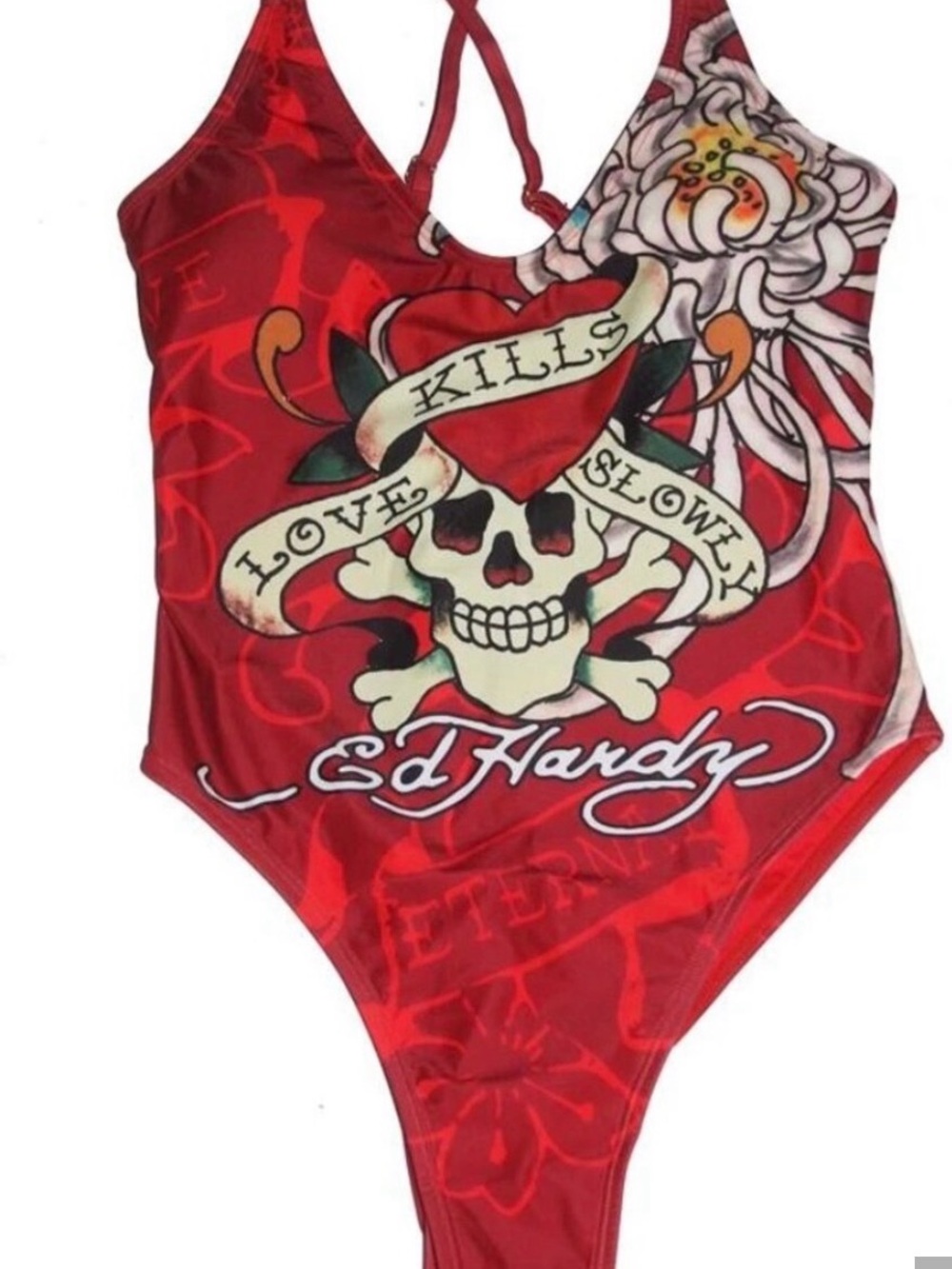 NWT Ed Hardy Red Tattoo-Graphic One-Piece Swimsuit Bodysuit - Picture 3 of 3